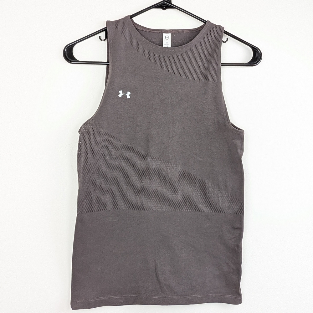 Under Armour stretchy high neck purple gray tank with cutouts